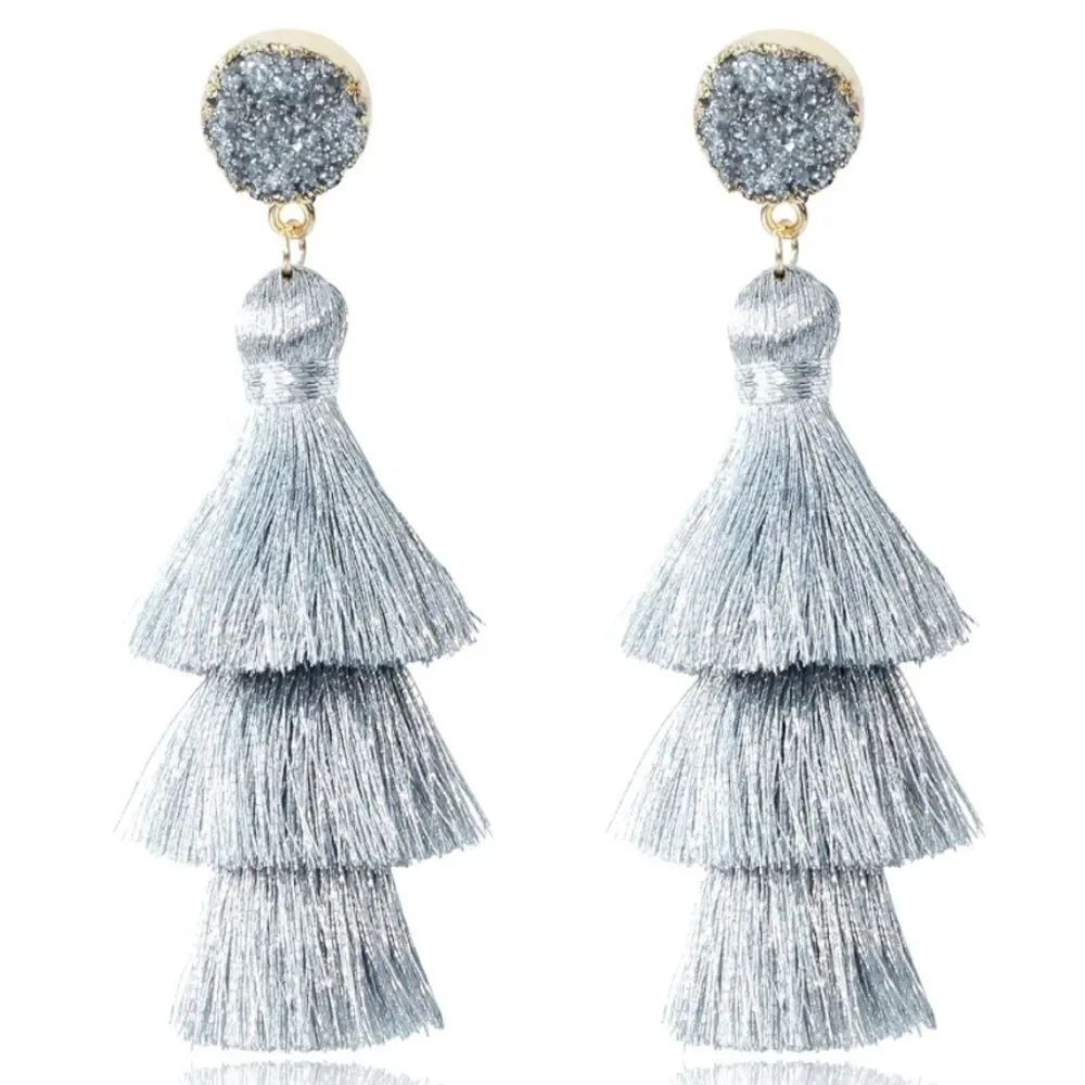 14K Yellow Gold and Metallic Silver Silk Thread Tassel and Quartz Druzy Earrings